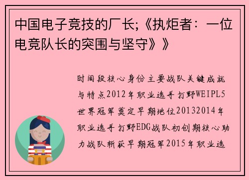 中国电子竞技的厂长;《执炬者：一位电竞队长的突围与坚守》》