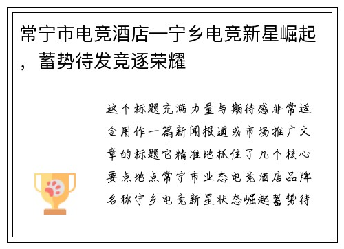 常宁市电竞酒店—宁乡电竞新星崛起，蓄势待发竞逐荣耀